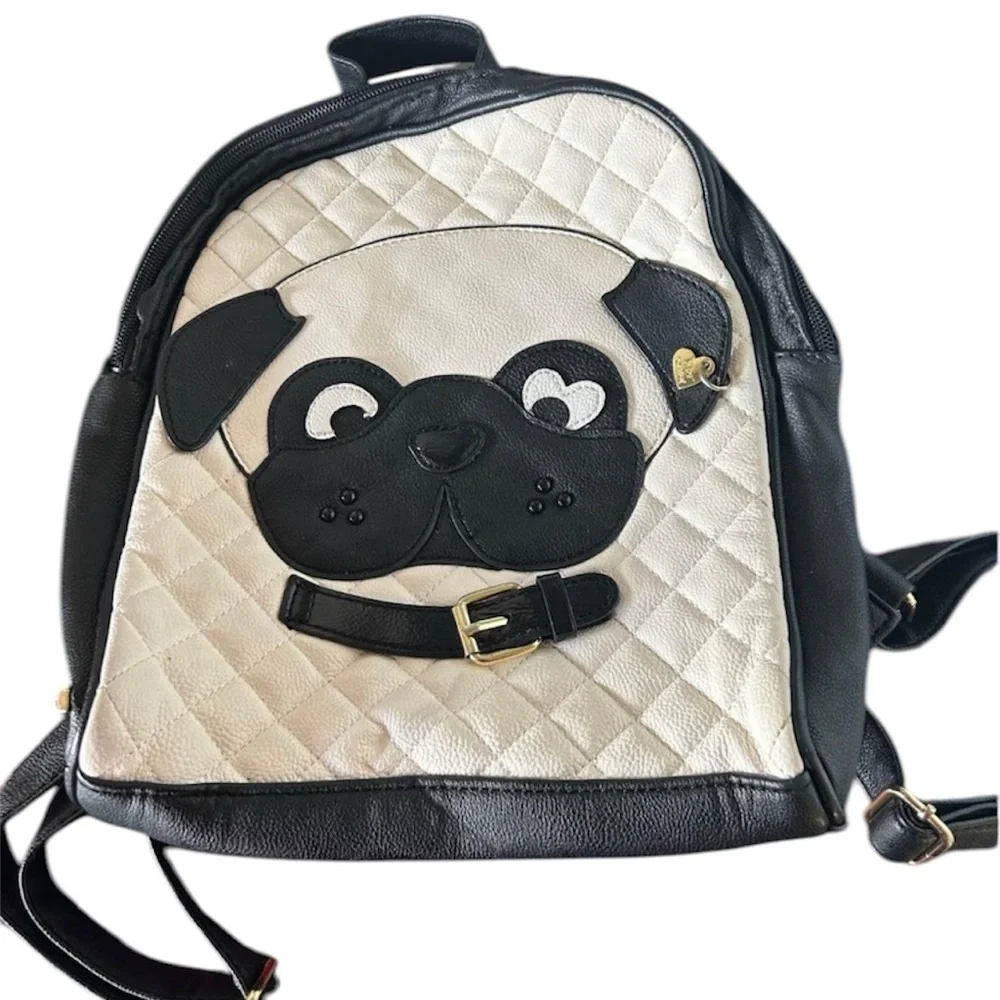Betsey Johnson Puppy Dog Black & Tan Pug Design Quilted Dog Backpack Bag Purse - Picture 4 of 5